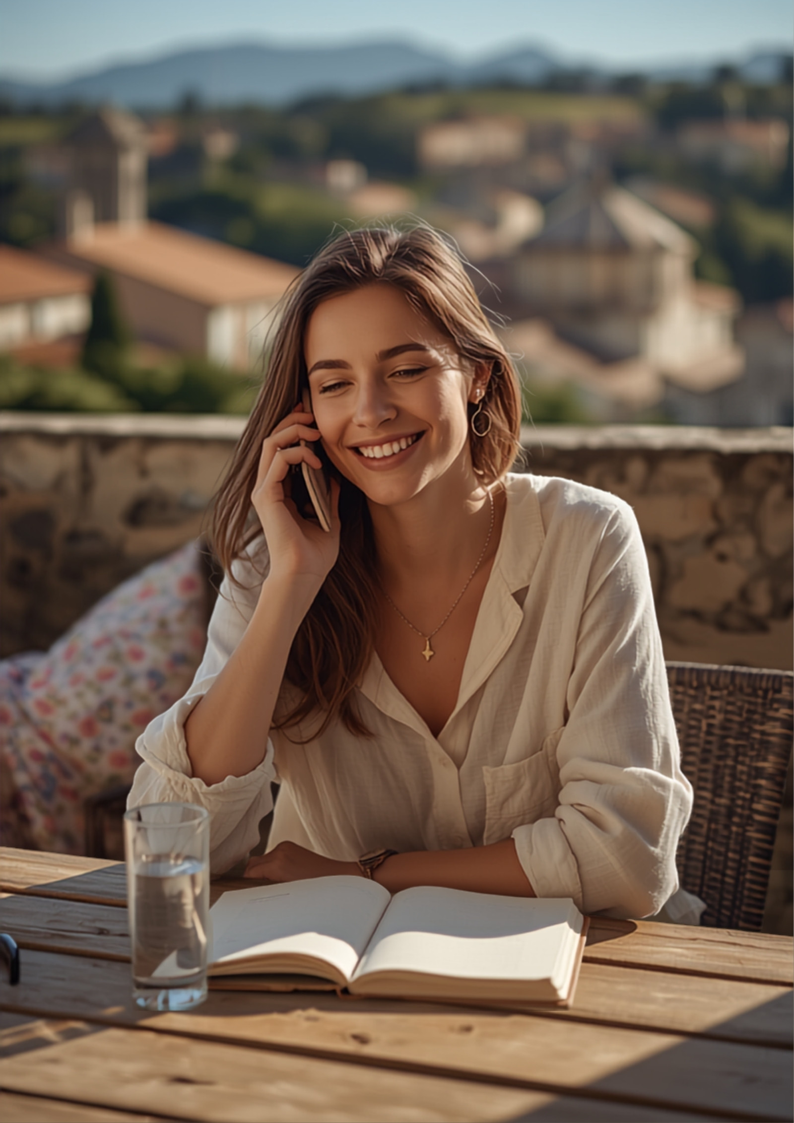 Femme souriante au telephone avec un carnet, vue sur un village du Luberon, illustrant l'accueil chaleureux de Luberon360